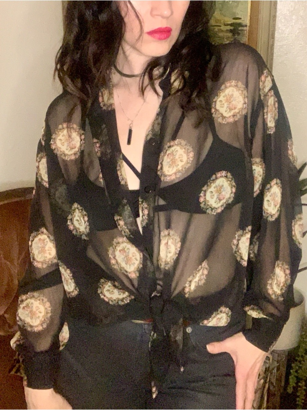 Vintage Sheer Floral Medallion Silk Blouse